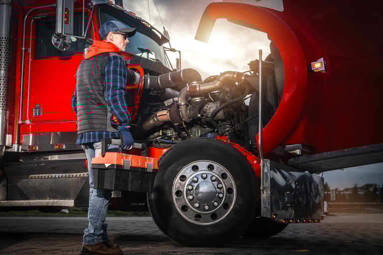 A truck driver inspects the engine of a big rig during sunset, showcasing skills and dedication to truck maintenance