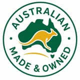 Australian Made &amp; Owned logo with map of Australia, kangaroo silhouette, and green circular seal